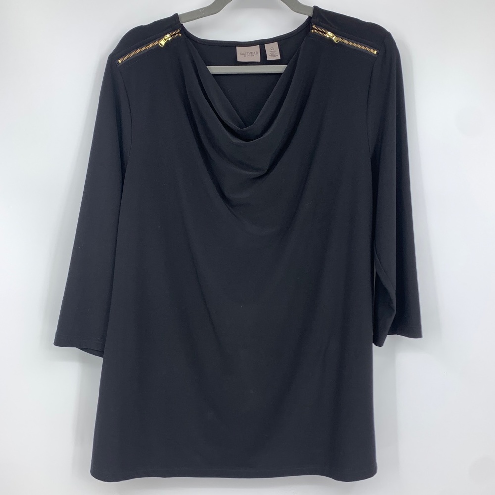 Chicos‎ Easywear 2 medium blouse pullover black gold zip accent 3/4 sleeve
